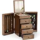 Meangood Jewelry Box Wood for Wowen, 5-Layer Large Organizer Box with Mirror & 4 Drawers for Rings, Earrings, Necklaces, Walnut