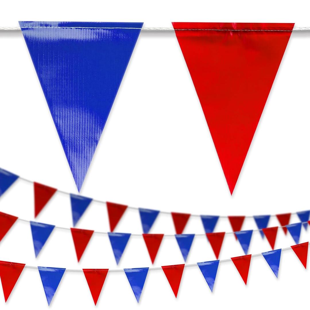 Blue & Red Pennant Banner Flags | Heavy-Duty Outdoor | OSHA 500lb Rated | Strand Fade Resistant 102FT