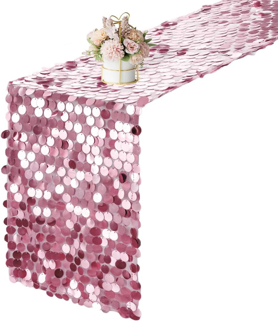 12 x 108 Inch Pink Sequin Table Runner Glitter Rectangle Big Sequin Table Runner for Wedding Party Birthday Christmas Halloween Decoration (1 Pack)