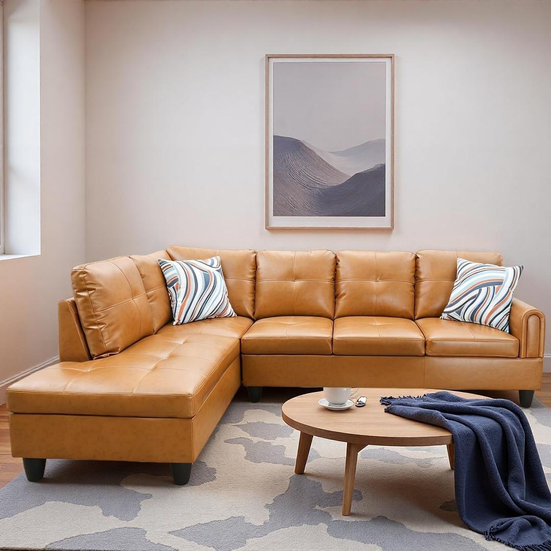 L Shape Sectional Couch with Chaise, 97 Inch Modular Sofa with Ergonomic Reclined Backrest, Sectional Couches for Living Room, High-Density Foam, for Office and Small Apartment, Ginger