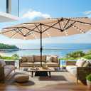 SUPERJARE 13ft Outdoor Patio Umbrella with Solar Lights, Double-sided Deck Pool Umbrella with 1.5 Inch Pole, Fade Resistant Canopy, 12 Sturdy Ribs, for Porch, Market, Backyard, Beige (No Base)