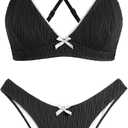 ZAFUL Women's V Neck Bikini Set High Waisted Swimsuits Lace Up Bow Decor Cheeky Two Piece Bathing Suit (S)