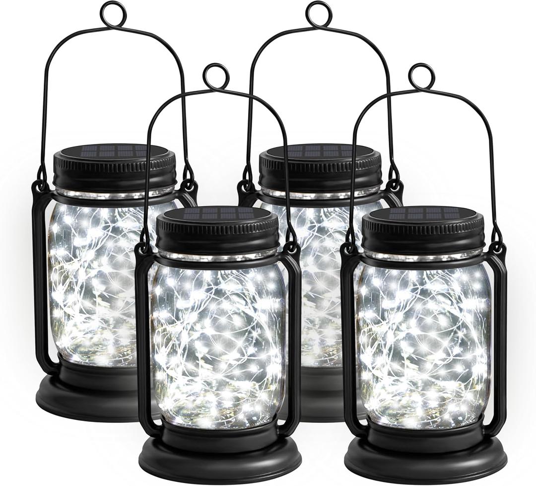 4 Pack Hanging Solar Lantern Lights, 30LED Vintage Glass Mason Jar Solar Fairy Lights Outdoor Decorative Waterproof Table Lamp with Stakes for Patio Yard Lawn Tree