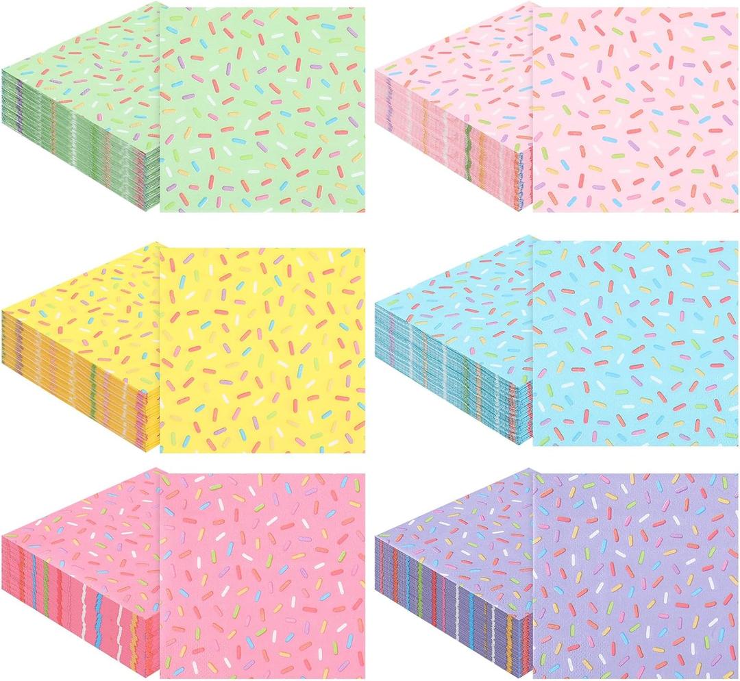 Crtiin 150 Pcs Colorful Donut Sprinkle Napkins 2 Ply Disposable Cocktail Napkins Paper Sprinkle Party Decorations for Baby Shower Birthday Ice Cream Party Supplies(Regular)