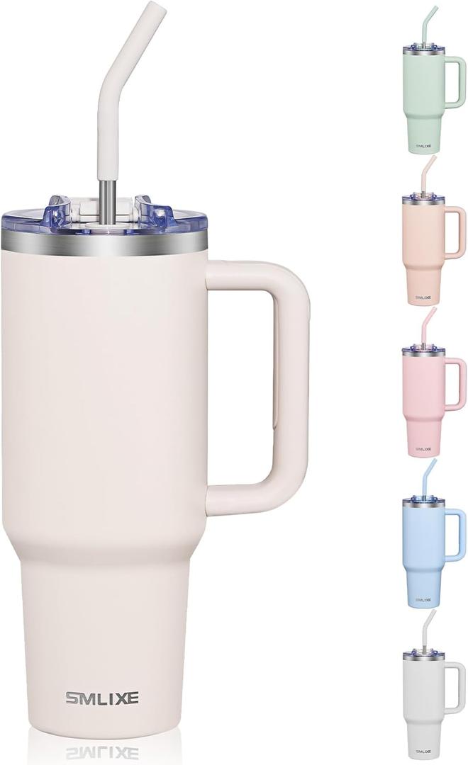 40 oz Tumbler with Handle and Straw Lid, Insulated Reusable Stainless Steel Water Bottle Travel Mug Cupholder Friendly Double Wall Vacuum Sealed Cup 