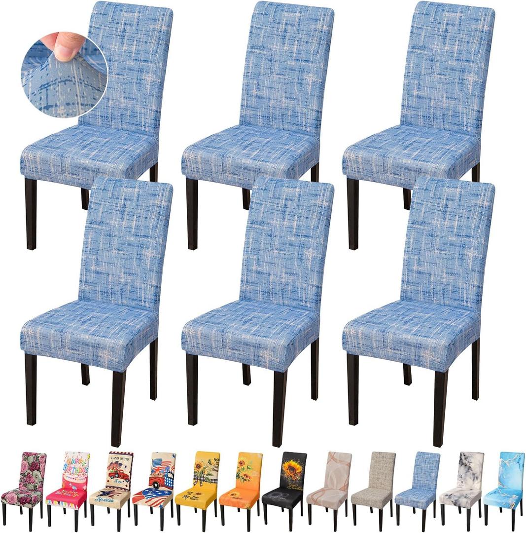 JQinHome Blue Chair Covers for Dining Room Set of 6, High Stretch Removable Washable Parsons Chair Slipcover for Home Party Hotel Wedding Ceremony (Stripe Pattern,6PCS)