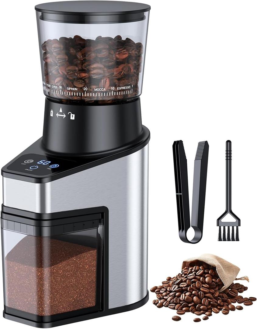 Conical Burr Coffee Grinder Electric, Adjustable Touchscreen Coffee Bean Grinder with 60 Grinding Settings for Home Use, 60 Seconds Timer & 1-8 Cup, Anti-static, Stainless Steel