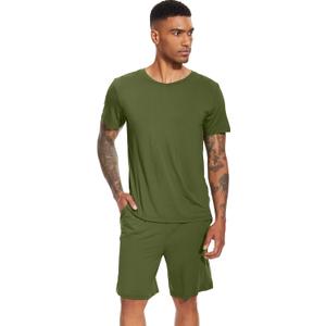 WiWi Mens Pajamas Set Soft Short Sleeve Pj Sleepwear Top and Shorts Pajama Sets Loungewear-Viscose from Bamboo S-3X (Medium, A-army Green)