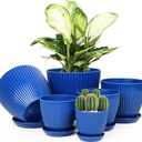 Plant Pots Indoor with Saucers & Drainage - 6 Pack Flower Pots - Plastic Planters for Indoor Planter - 7.5/6.6/5.8/5.0/4.3/3.5 inches Sizes for All Different Types of Plants-Dark Blue