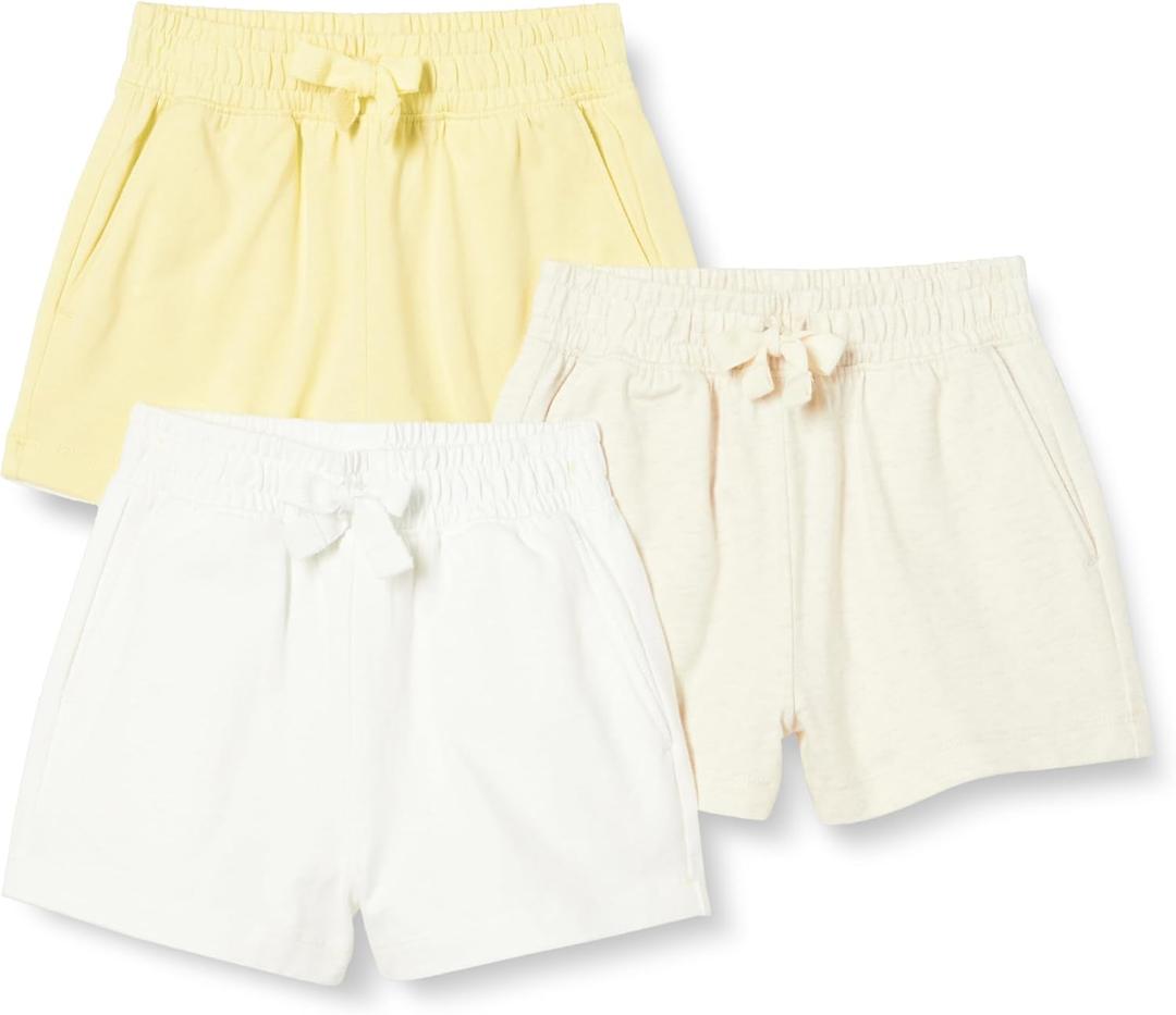Amazon Essentials Girls and Toddlers' Cotton Pull-On Shorts, Pack of 3 (4T, Oatmeal Heather/Pastel Yellow/White)