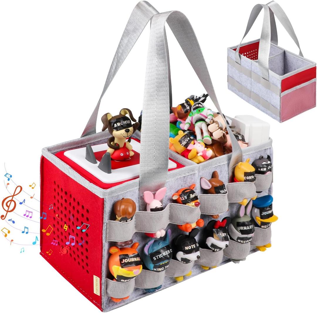 Carrying Case Compatible with Tonies Box with Audio Position, Portable Travel Storage Bag for Tonies Figures with 24 Elastic Strap, Soft Felt Organizer Case for Toniebox Accessories Gray&Red