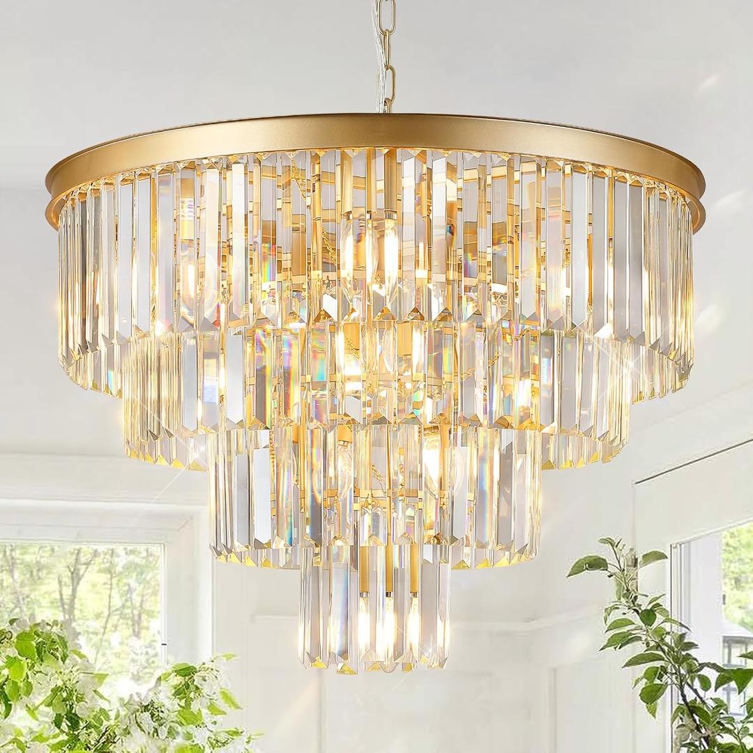 Gold Crystal Chandeliers 24” Modern Large Chandeliers Luxury 4-Tier 12 Lights K9 Crystal Round Ceiling Pendant Light Fixture Contemporary for Dining Room Foyer Staircase Living Room