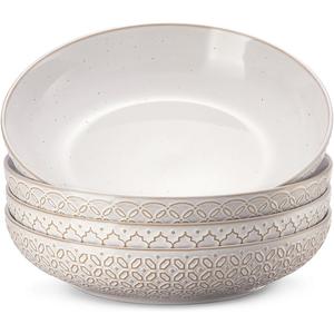DOWAN 9.75" Pasta Bowls Set of 4 with Embossed Reactive Glaze, 56oz Large Shallow White Ceramic Salad Bowls, Wide Dinner Bowls for Pasta, Soup & Stew, Microwave & Dishwasher Safe, Housewarming Gift
