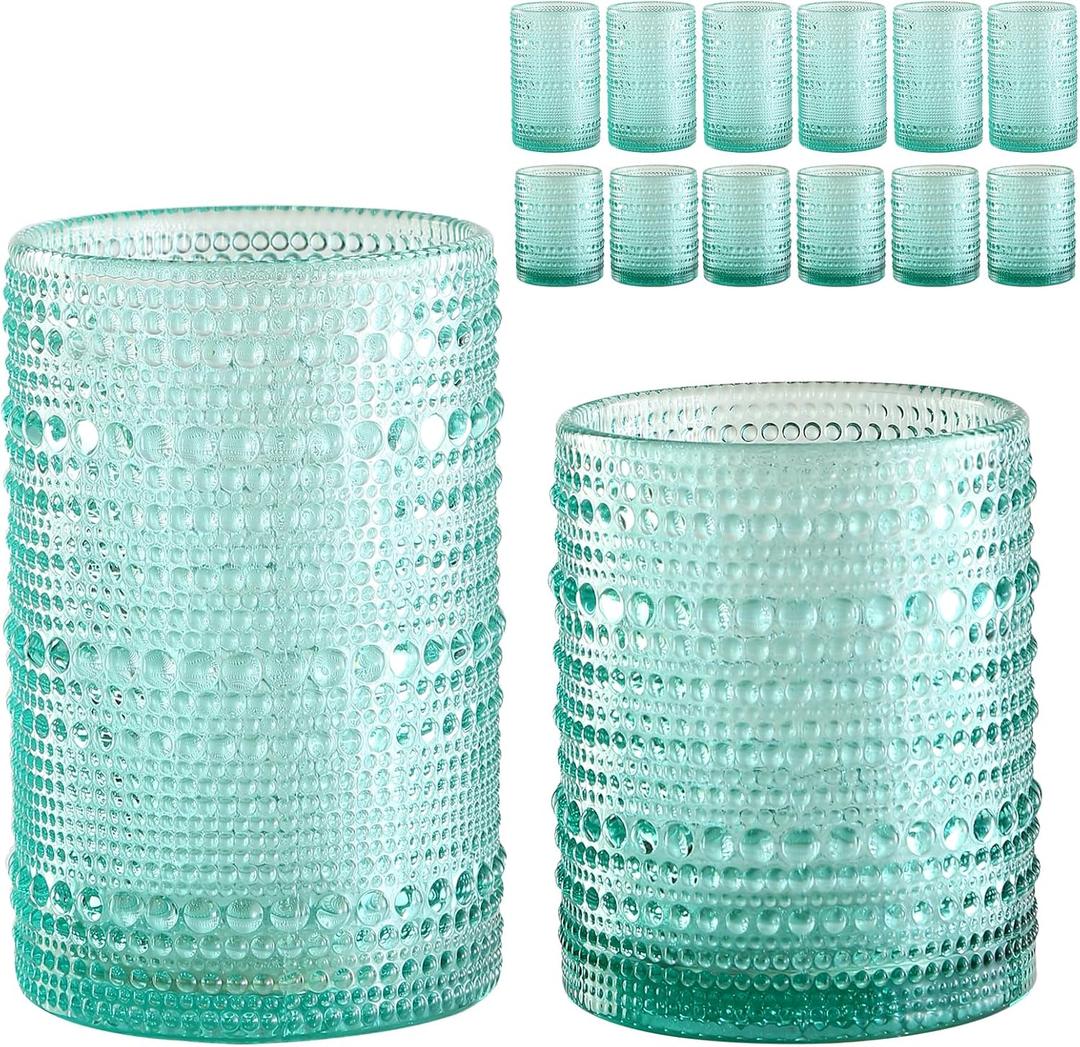 Vintage Glassware Drinking Glasses Set of 12,Light Blue 12oz & 15oz Hobnail Glass Cups,Embossed Water Tumbler,for Beer,Cocktail,Whiskey,Juice and Various Mixed Drinks- 1 Cleaning Brush
