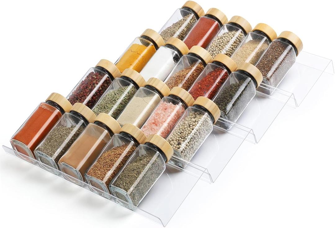 Suneerplay Spice Drawer Organizer 4 Tier, Acrylic Seasoning Organizer Rack, Clear Spice Rack Tray, Kitchen Seasoning Jars Drawers Insert (Jars Not Included/Expandable From 9" to 18") (Small)