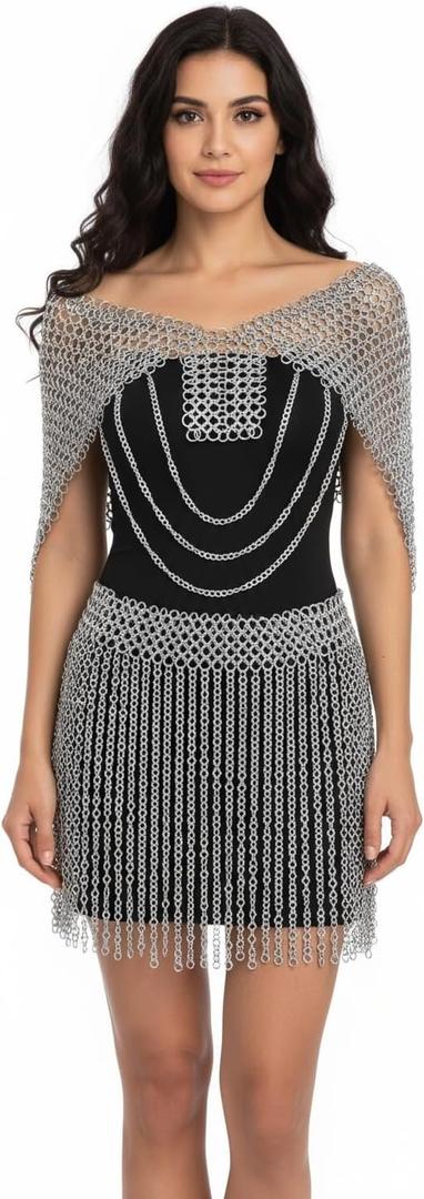 Handmade Aluminum Chainmail Bikini Dress  Medieval Chain Skirt & Shoulder Armor Set, Butted Rings, Festival & Cosplay Wear, Lightweight LARP Costume Outfit for Women