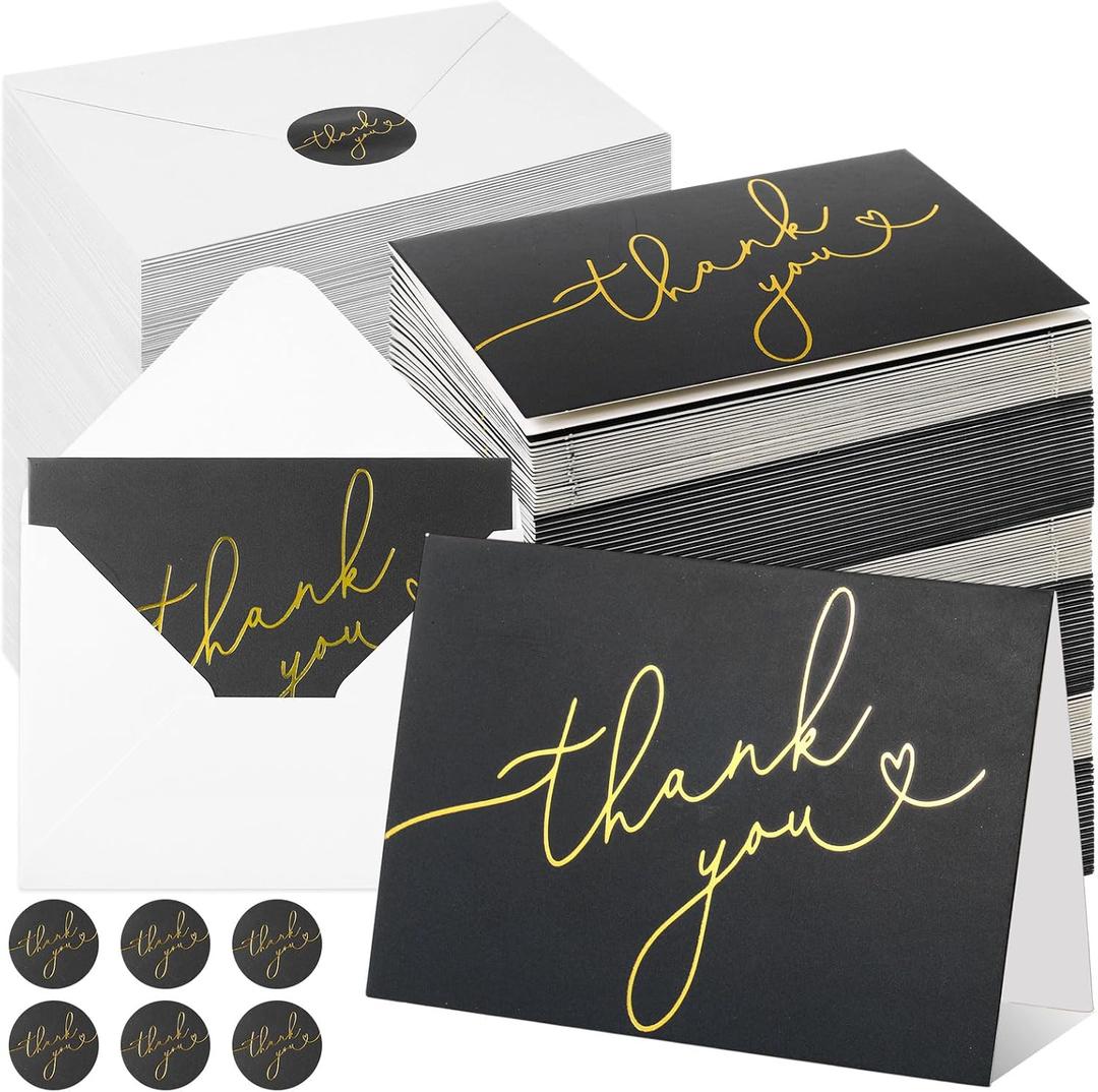 Gueevin Black 200 Pcs Thank You Cards with Envelopes Bulk, 5.2 x 3.7 inches