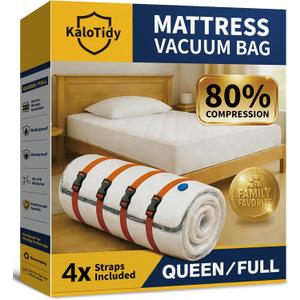 Memory Foam Mattress Vacuum Bag, Heavy-Duty Mattress Storage Bag for Moving and Transport, Mattress Compression Bag with Straps & Dual-Zip Seal (Orange Straps, Queen/Full-XL)