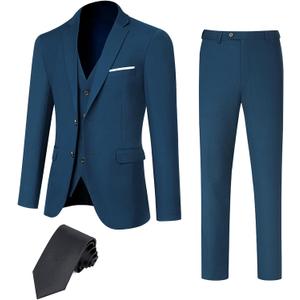 DEETRUST Men's 3 Piece Slim Fit Suit Set, 2 Button Blazer Jacket Vest Pants with Tie, Mens Suit for Party, Wedding & Business, Large, Deepblue