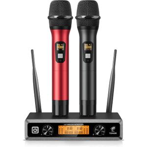 Wireless Microphone System, TONOR Professional Metal Cordless Karaoke Microphones, Handheld Dynamic Mic Set with Receiver for Party, Meeting, KTV, Church, DJ, Wedding, Singing, 200ft, TW820 Black &Red