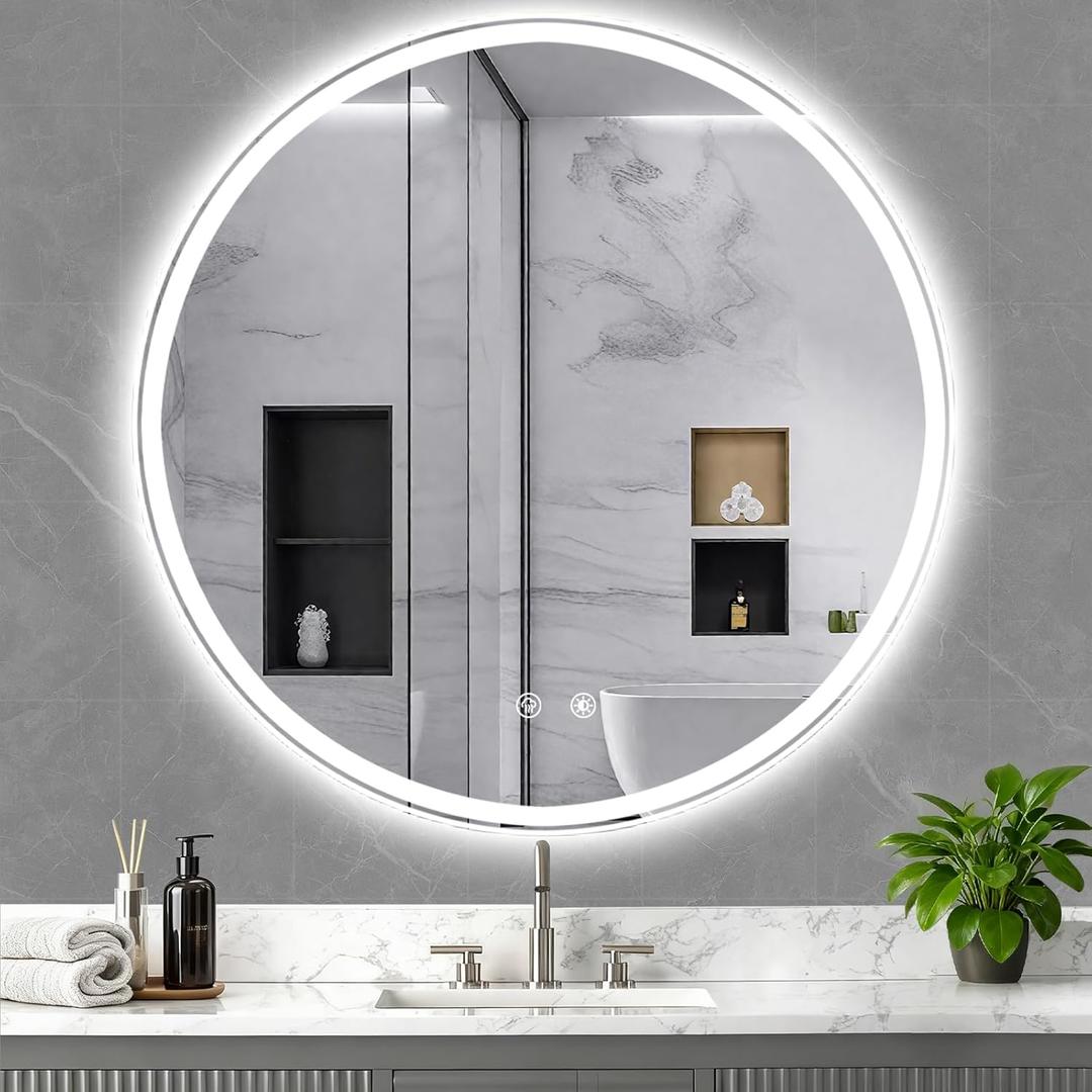 28 Inch LED Bathroom Mirror: Round Vanity Mirror with Lights, Dimmable & 3 Color Change, Backlit&Front Lit,4MM Tempered Glass, Shatterproof, Anti-Fog Bathroom Shower Mirror, espejos para baos con luz