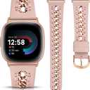 Minyee Leather Band Compatible with Fitbit Versa 4/3/Fitbit Sense 2/1 Bands Women, Dressy Premium Leather Designer Strap with Stainless Steel Metal Chain for Versa 3 4 Sense 2 Smartwatch (Pink/Rose Gold)