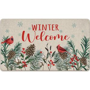 Winter Welcome Cardinal Birds Decorative Front Door Mat, Xmas Pine Cone Pine Needle Doormat Indoor Outdoor Non-Slip Floor Entryway Rug, Christmas Seasonal Home Kitchen Decoration 17x29 Inch