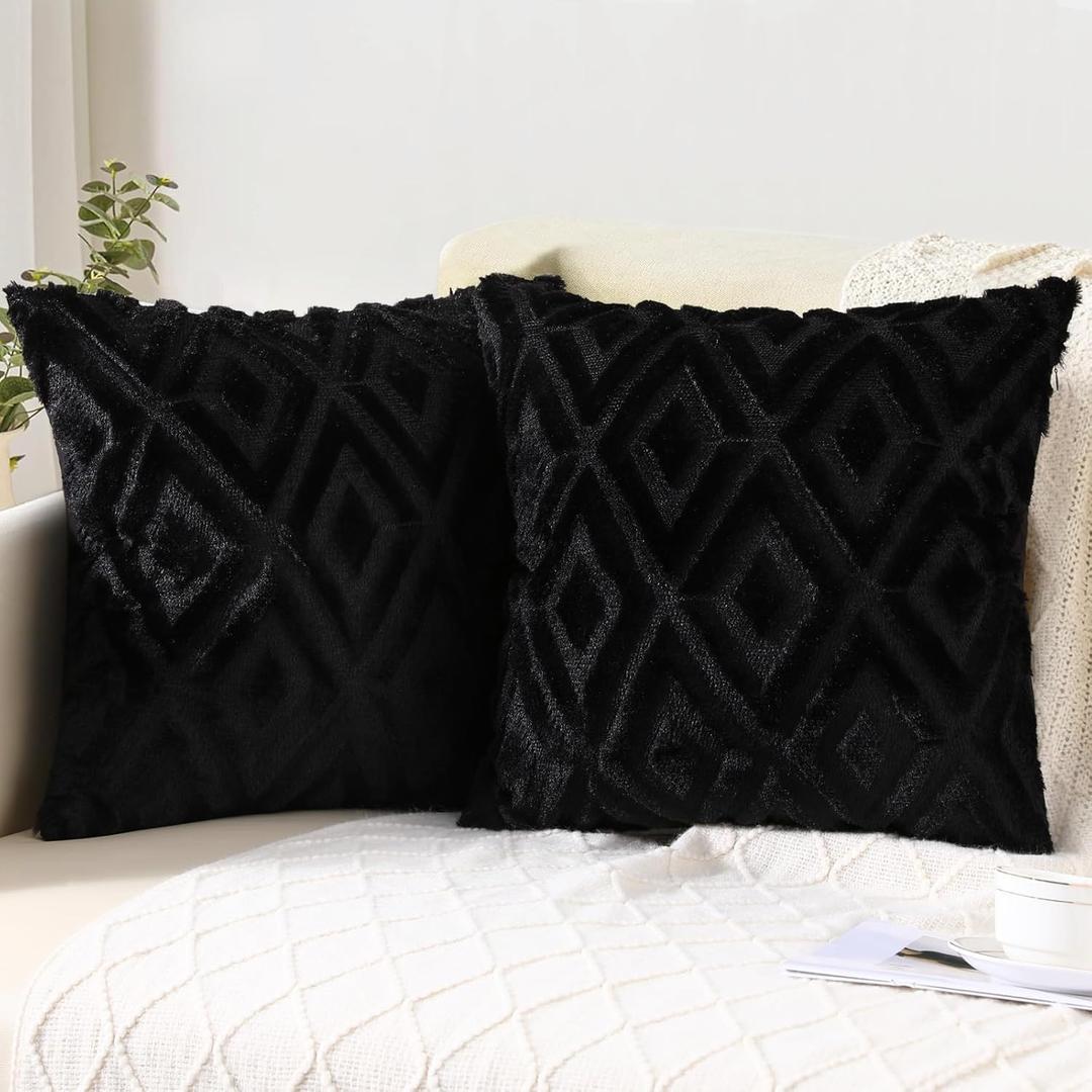 Pallene Soft Faux Fur Throw Pillow Covers 18x18 Set of 2 - Plush Wool Decorative Couch Pillow Covers for Sofa Bed Living Room - with 3D Diamond Pattern - Black