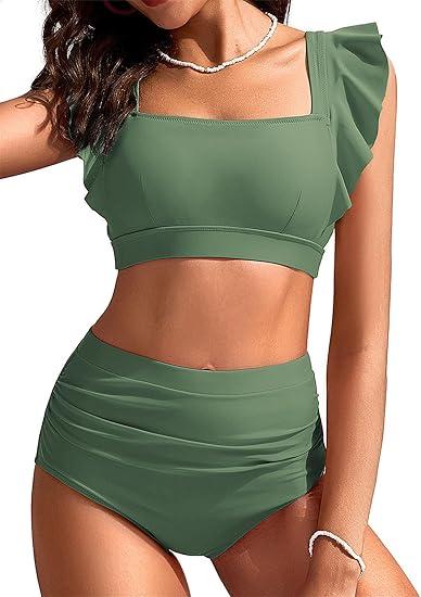 Kate Kasin Womens High Waisted Bikini Sets Ruffle Tummy Control Swimsuits Full Coverage Cheeky Two Piece Bathing Suit, Size S