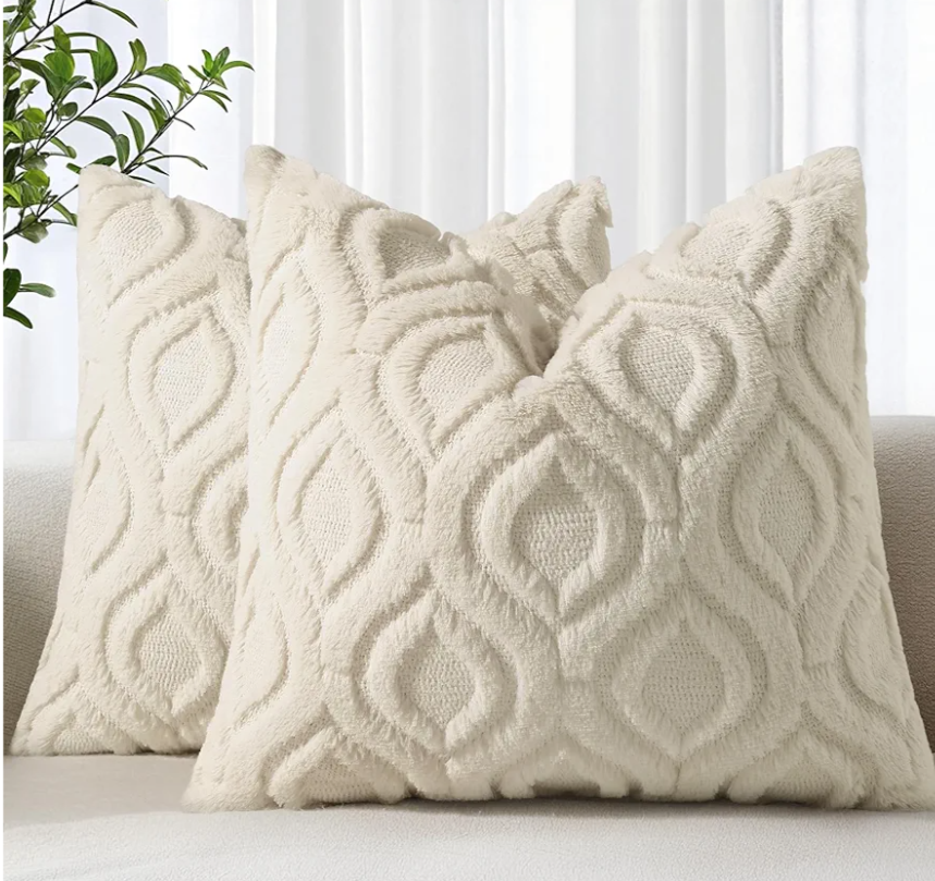 decorUhome Fall Throw Pillow Covers 18x18 Inch Set of 2, Soft Plush Decorative Faux Fur Beige Solid Couch Pillow Covers, Accent Farmhouse Neutral Square Euro Pillow Cases for Sofa Bed Living Room