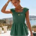 HEYTALALA Womens Cap Sleeve Peplum Tops Square Neck Smocked Babydoll Blouse Ruffle Loose Fit Tunic Top Dressy Tee Shirts (Green, M)