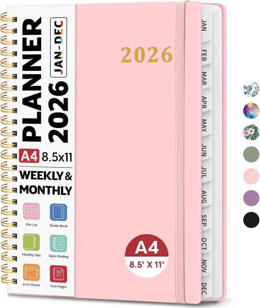 2026 Planner 8.5" x 11", Weekly and Monthly Calendar Planner Book, January 2026 - December 2026, Hardcover Spiral Planner with Monthly Tabs, Notes Pages, Perfect for Women & Men, A4 - Pink