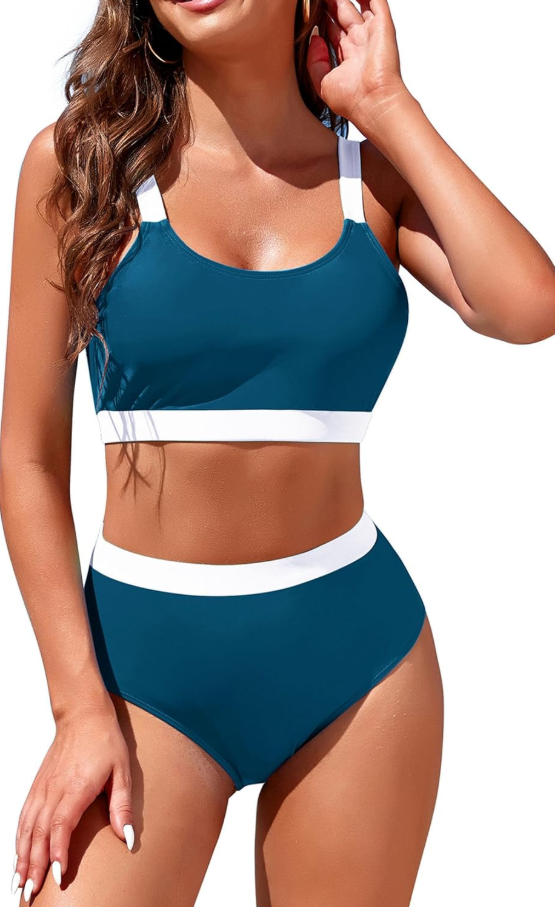 Womens High Waisted Bikini Sets Sporty Crop Top Color Block Swimwear Bandeau Scoop Neck Vintage Two Piece Bathing Suits, Large