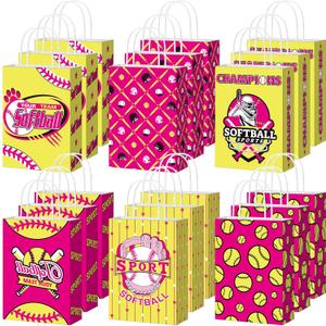 MotiMind 24 Pcs Softball Paper Gift Bags Softball Goodie Party Favor Bags with Handles Portable Hot Pink Yellow Sports Ball Candy Snack Treat Pouch for Women Birthday Party Decorations Team Supplies