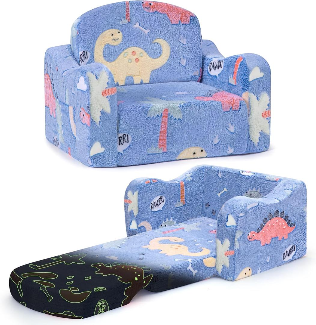 aodisman Thick Comfy Toddler Chair and Couch for Kids,2-in-1 Soft Plush Fold Out Sofa for Children,Convertible Couch to Lounger for Toddler (Blue Dinosaur)