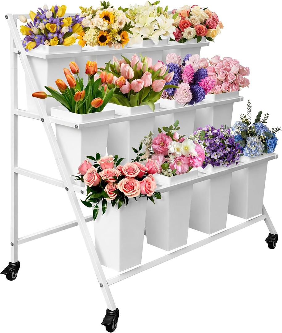 PROLEE Flower Display Stand with 12 Buckets, Flower Cart 3 Layers, Flower Stand Metal with Wheels, Moving Florist Bouquet Shelf, Triangular Rack, White