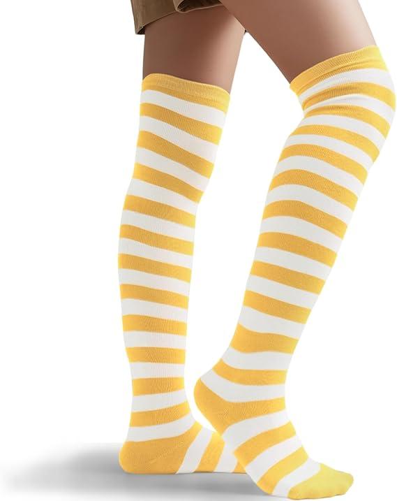 Raylarnia Women's Extra Long Opaque Striped Over Knee High Stockings Socks (Light Orange / White)