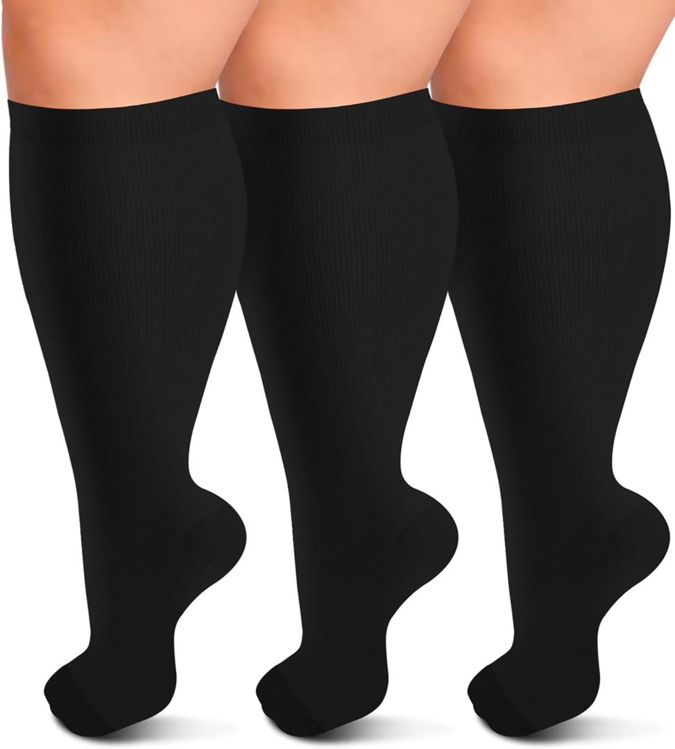 3 Pack Wide Calf Compression Socks for Women & Men, Plus Size Knee High Stockings for Circulation Support, Black L/ XL