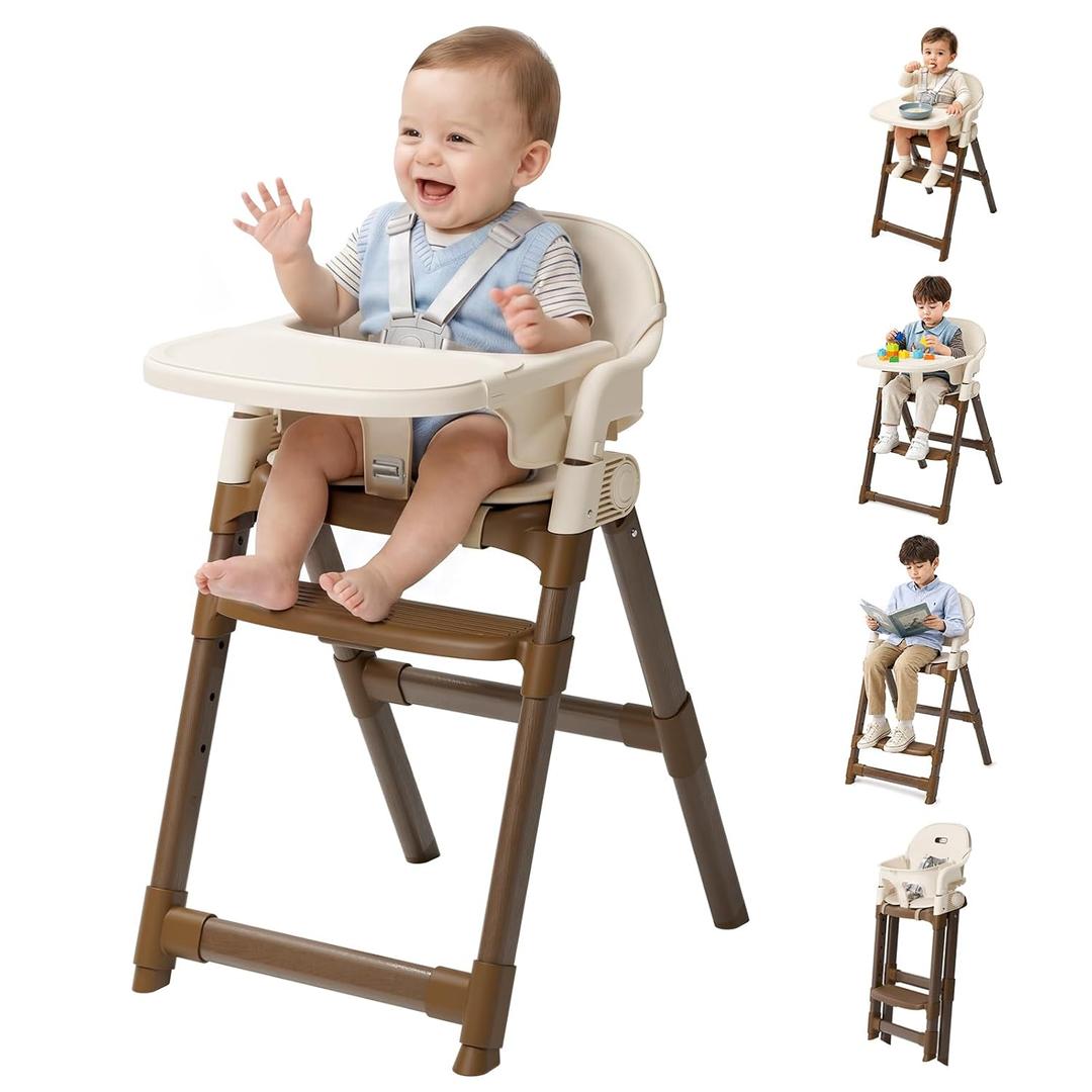 High Chair for Babies and Toddlers, Convertible Baby High Chair with Easy Clean Removable Tray, Multi-Use Foldable Highchair with Adjustable Legs (Beige)
