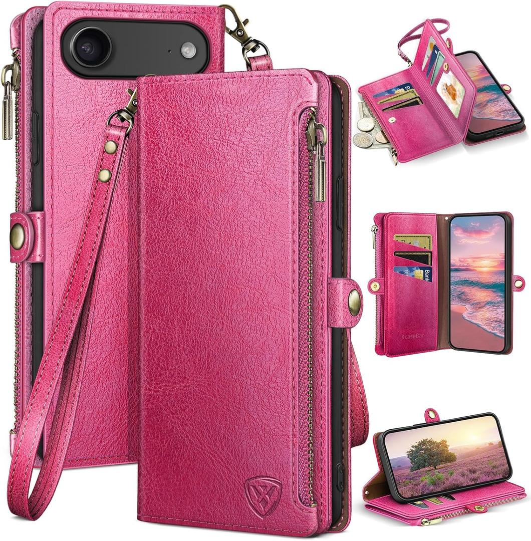 XcaseBar Compatible with iPhone Air 6.5" Wallet case with Zipper Credit Card HolderRFID Blocking,Flip Folio Book PU Leather Phone case Shockproof Cover Women Men for Apple 17 Air case Rose Red