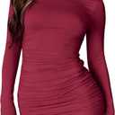 Women's Going Out Bodycon Long Sleeve Round Neck Ruched Party Club Mini Dresses (Wine Red, Small)