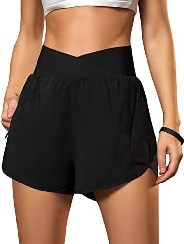 Blooming Jelly Women's Workout Shorts Athletic Running Shorts Crossover High Waisted Gym Shorts with Zipper Pockets XL