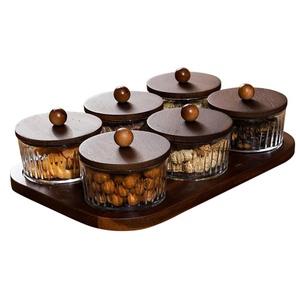 Round Glass Snackle Box Container Snack Organizer and Fruit Platter with Acacia Wood Lids and Tray Divided Serving Tray for Nuts Candy Dry Fruits (6 Jars)