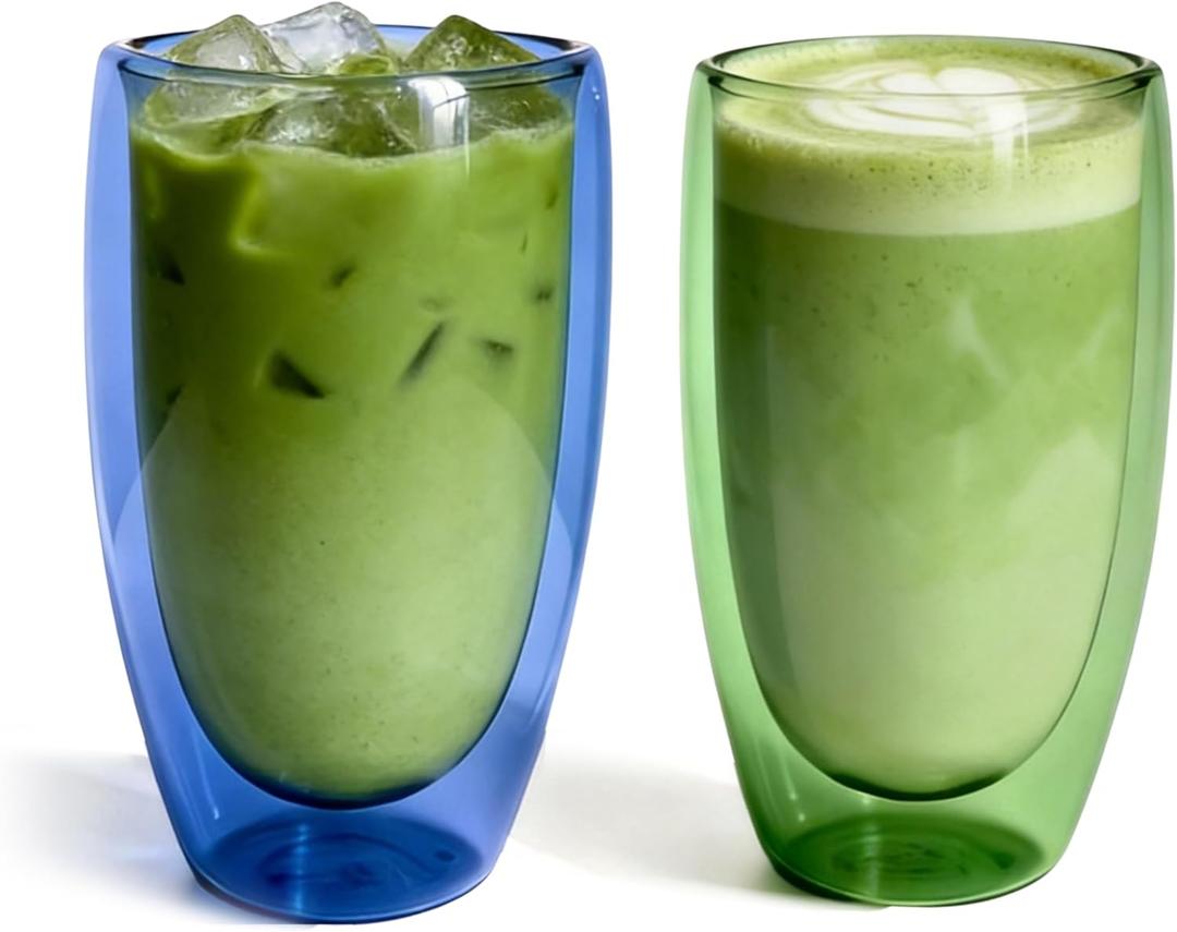 Double Wall Glass Cup Set of 2 - Insulated Coffee Mug for Hot&Cold Drinks Home Café Colored Premium Borosilicate Glass in Ocean Blue/Botanic Green