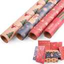 Happypapa Christmas Wrapping Paper, Kraft Xmas Wrapping Paper Rolls - Jingle Bell, Reindeer, Gift and Snowflakes Pattern - 4 Rolls - 17 Inch  120 Inch Per Roll