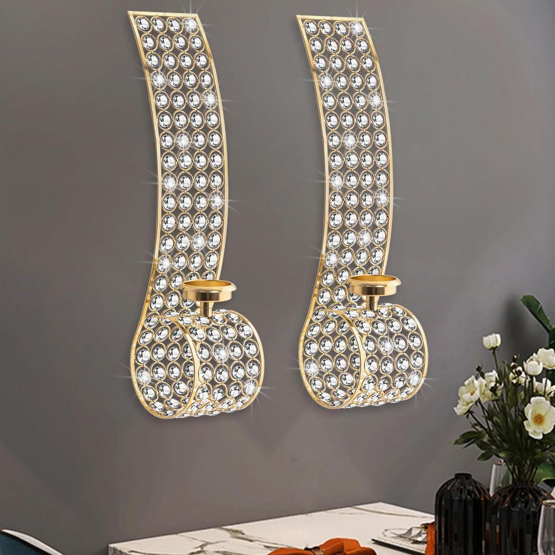 Crystal Wall Candle Sconces Gold Tealight Candle Holder for Wall Bead Metal Candle Centerpiece Dcor for Party Wedding Anniversary, Set of 2 (17.5H x 3.8L x 4.5W)