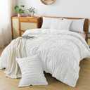 HYLEORY White Boho Tufted Queen Size Duvet Cover Set - 3 Pieces All Seasons Comforter Cover and 2 Pillowcases,Soft Bohemian Textured Embroidery Bedding Set with Zipper & Corner Ties,90"*90"