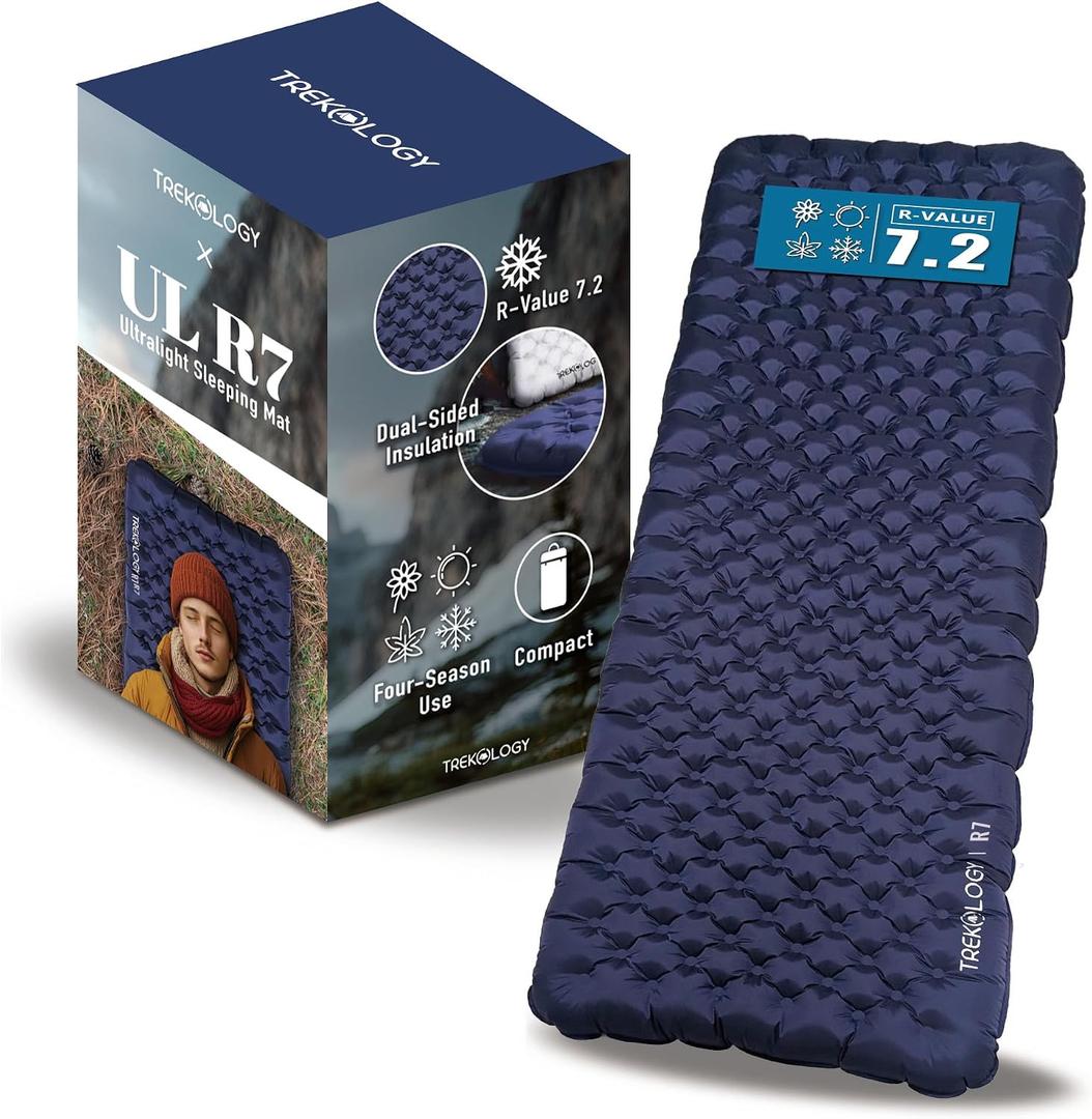 TREKOLOGY Camping Sleeping Pad with 7.2 R-Value Ultra-Lightweight, 4" Thick Camping Mat for All Seasons Compact, Durable & Waterproof Ideal for Backpacking, Hiking, and Outdoor Adventures UL R7