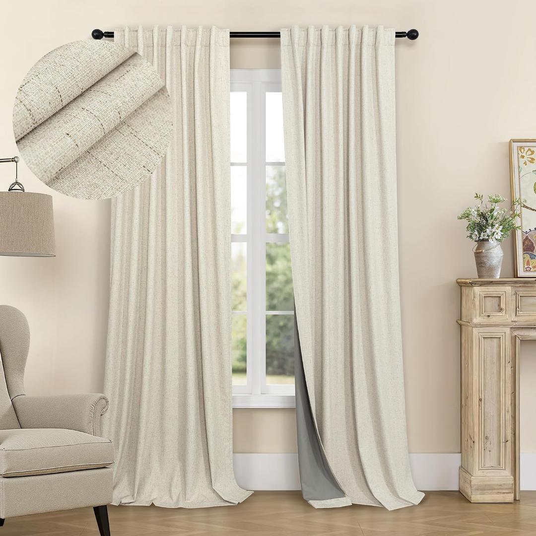 Burlap Colored Blackout Curtain 84 Inch Length 2 Panel Faux Linen Modern Farmhouse Living Room Darkening Curtain for Bedroom Window Black Out Drape for Sliding Glass Door Back Tab 7ft Long 52x84 Beige