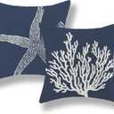 Navy Blue Coral Starfish Pillow Covers 20x20 Inch Set of 2 Coastal Throw Pillows Spring Summer Nautical Beach Ocean Decorations Linen Pillowcase Outdoor Decor Farmhouse Cushion Case for Home